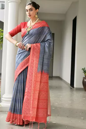 Navy blue soft tussar silk ikkat printed saree with blouse