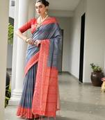 Navy blue soft tussar silk ikkat printed saree with blouse