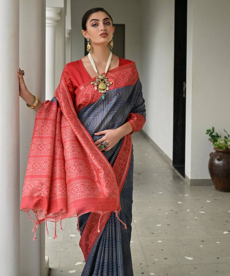 Navy blue soft tussar silk ikkat printed saree with blouse
