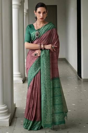 Wine soft tussar silk ikkat printed saree with blouse