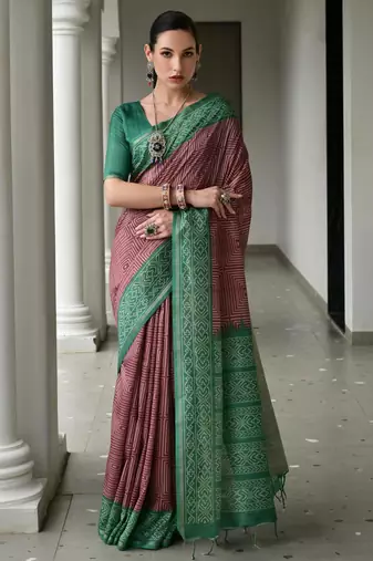 Wine soft tussar silk ikkat printed saree with blouse