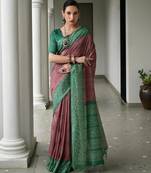 Wine soft tussar silk ikkat printed saree with blouse