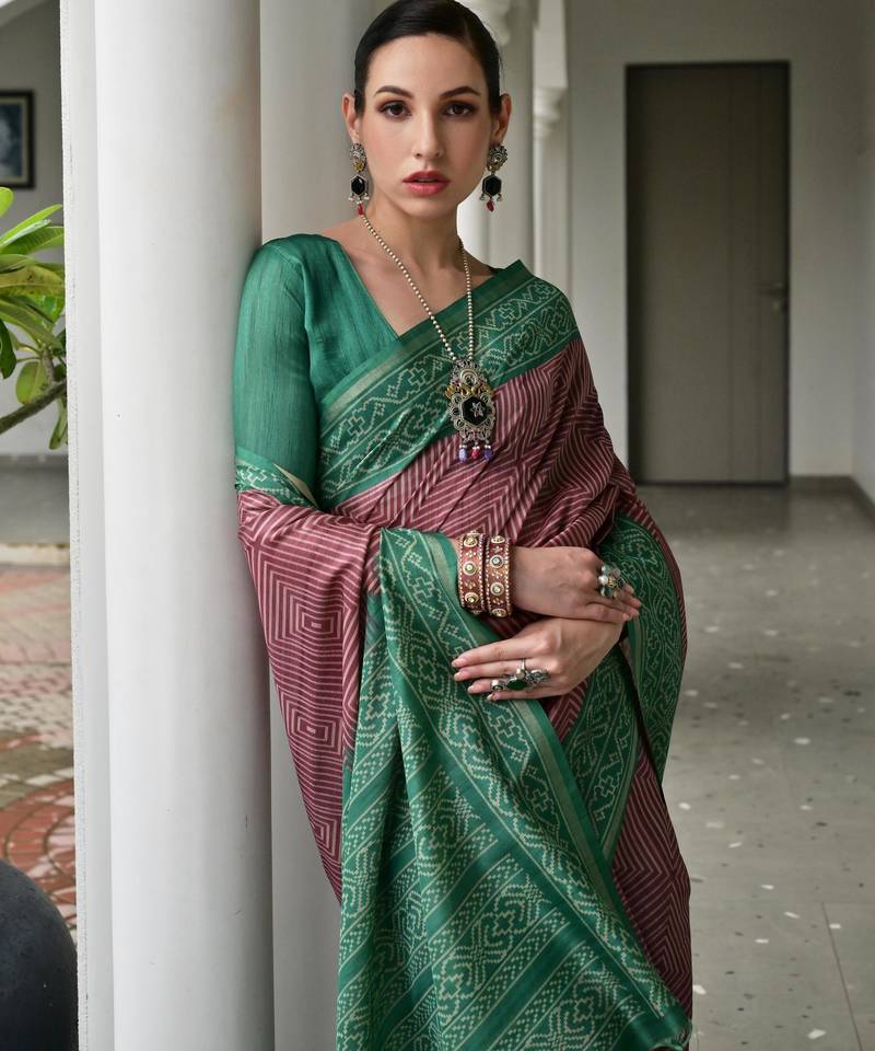Wine soft tussar silk ikkat printed saree with blouse