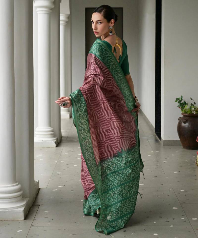 Wine soft tussar silk ikkat printed saree with blouse