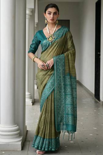 Mehendi soft tussar silk ikkat printed saree with blouse