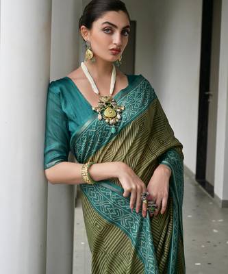 Mehendi soft tussar silk ikkat printed saree with blouse 3