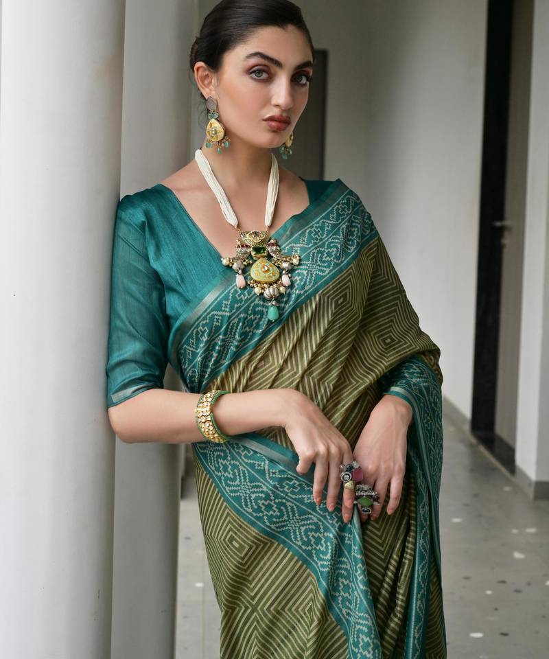 Mehendi soft tussar silk ikkat printed saree with blouse