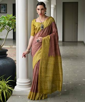 Maroon soft tussar silk ikkat printed saree with blouse 1