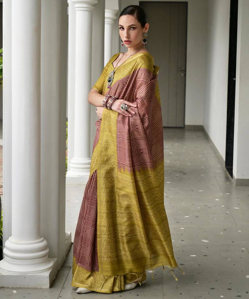 Maroon soft tussar silk ikkat printed saree with blouse