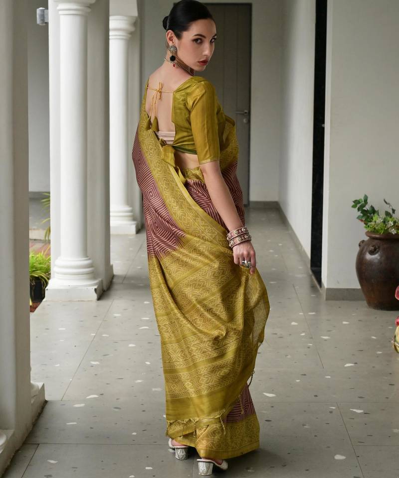 Maroon soft tussar silk ikkat printed saree with blouse