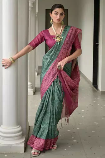 Bottle green soft tussar silk ikkat printed saree with blouse