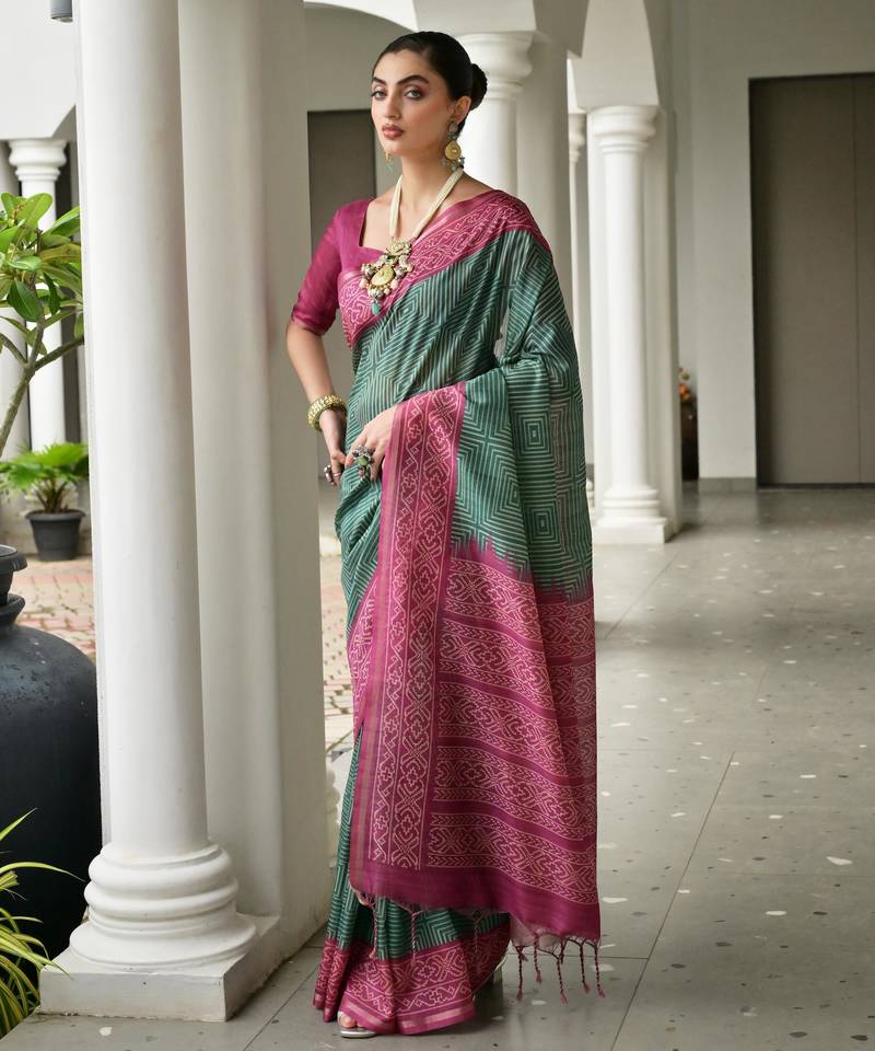 Bottle green soft tussar silk ikkat printed saree with blouse