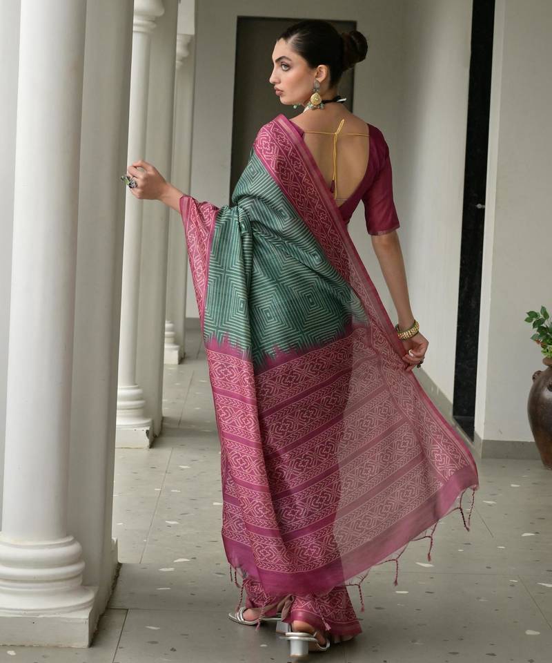 Bottle green soft tussar silk ikkat printed saree with blouse