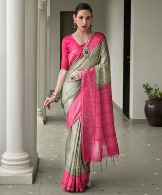 Pista green soft tussar silk ikkat printed saree with blouse 1