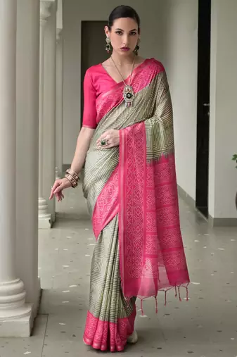 Pista green soft tussar silk ikkat printed saree with blouse