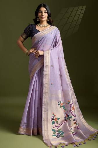 Purple soft muga cotton paithani zari woven saree with blouse