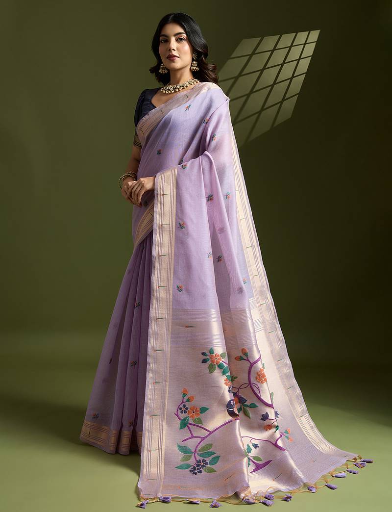 Purple soft muga cotton paithani zari woven saree with blouse