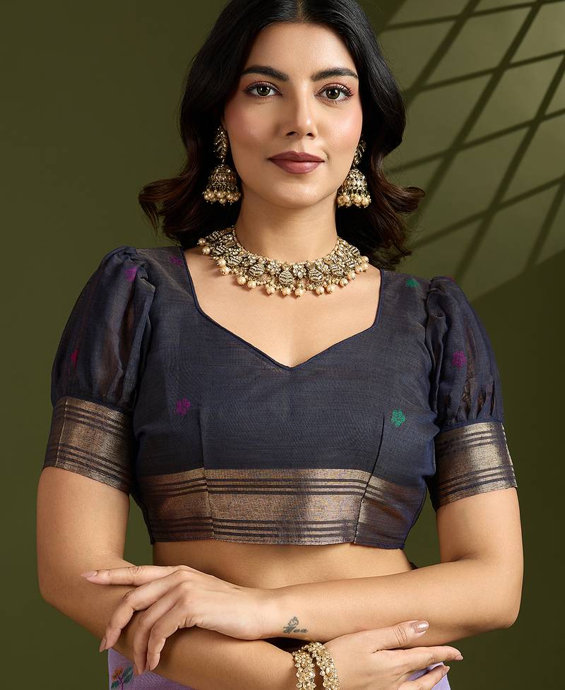 Purple soft muga cotton paithani zari woven saree with blouse