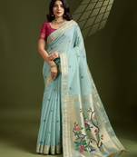 Sky blue soft muga cotton paithani zari woven saree with blouse