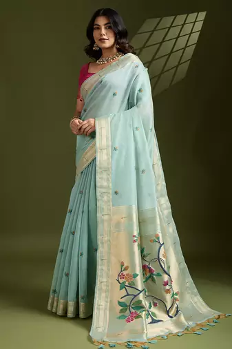 Sky blue soft muga cotton paithani zari woven saree with blouse