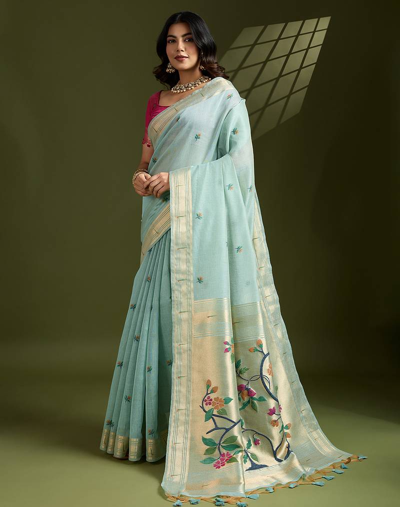 Sky blue soft muga cotton paithani zari woven saree with blouse