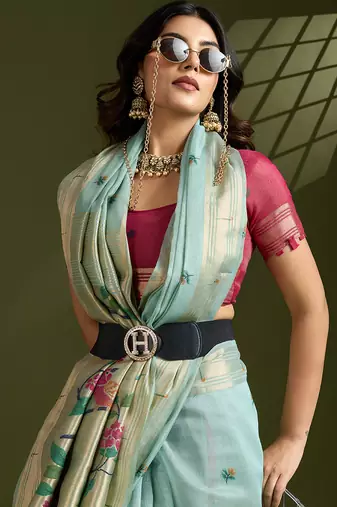 Sky blue soft muga cotton paithani zari woven saree with blouse