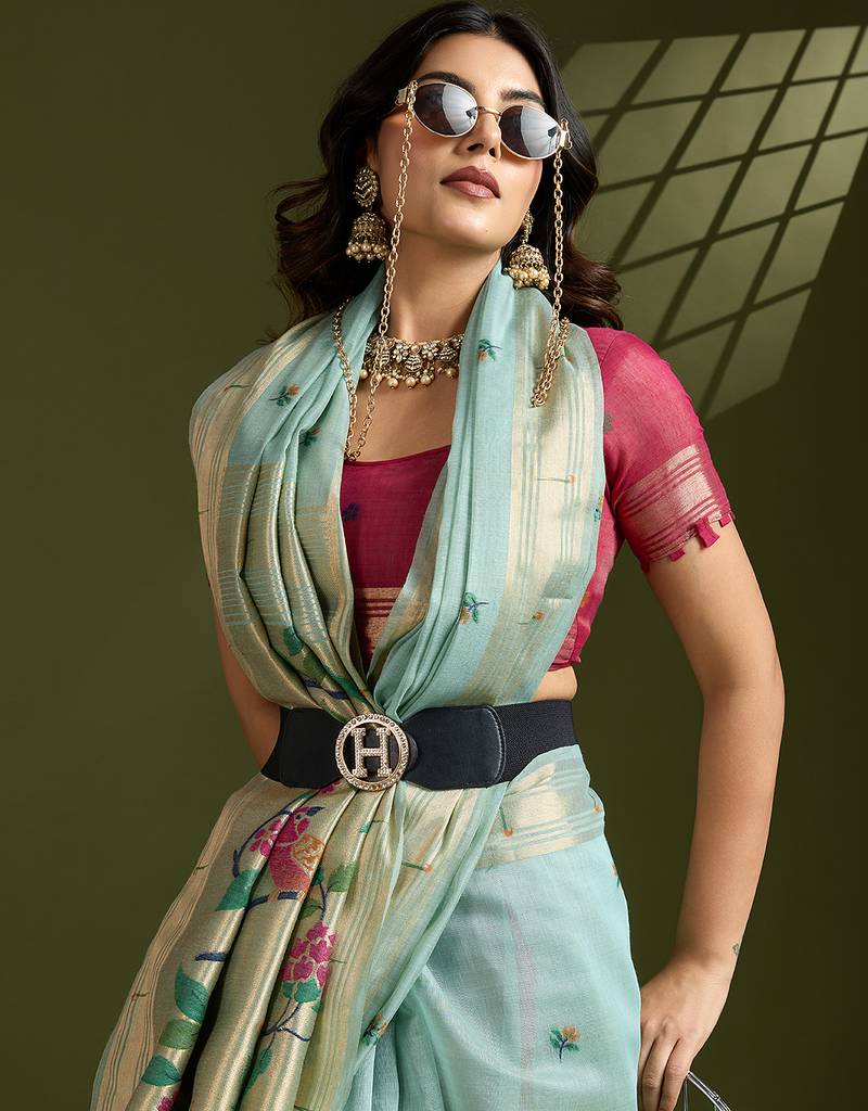 Sky blue soft muga cotton paithani zari woven saree with blouse