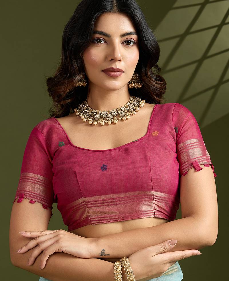 Sky blue soft muga cotton paithani zari woven saree with blouse