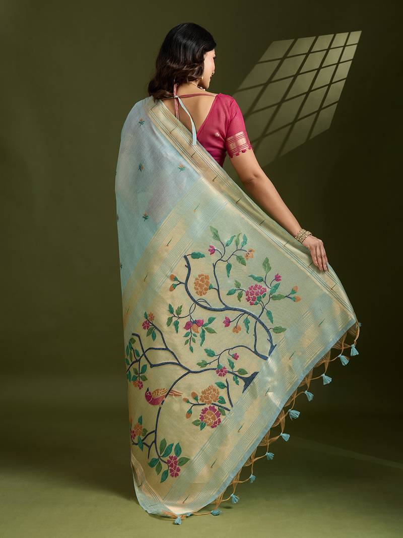 Sky blue soft muga cotton paithani zari woven saree with blouse