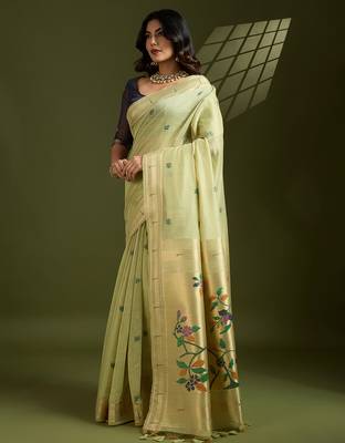 Sea green soft muga cotton paithani zari woven saree with blouse 2