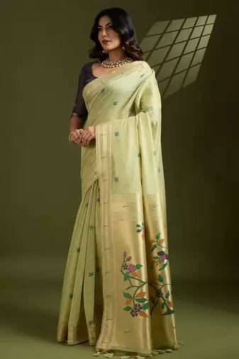 Sea green soft muga cotton paithani zari woven saree with blouse