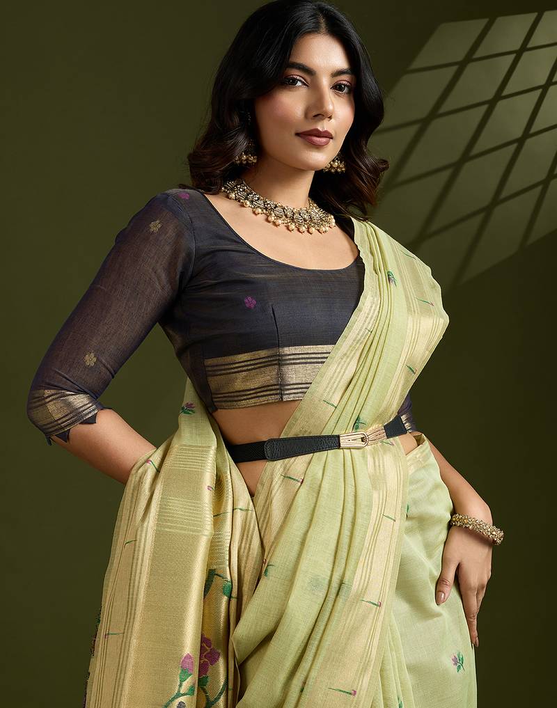 Sea green soft muga cotton paithani zari woven saree with blouse