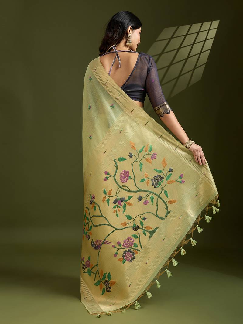 Sea green soft muga cotton paithani zari woven saree with blouse