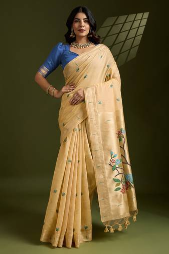 Yellow soft muga cotton paithani zari woven saree with blouse