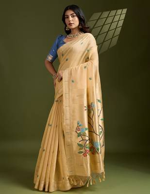 Yellow soft muga cotton paithani zari woven saree with blouse 2