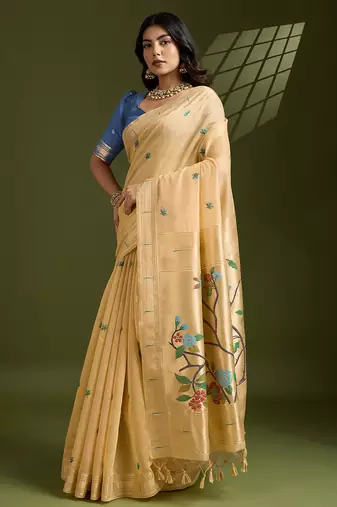 Yellow soft muga cotton paithani zari woven saree with blouse