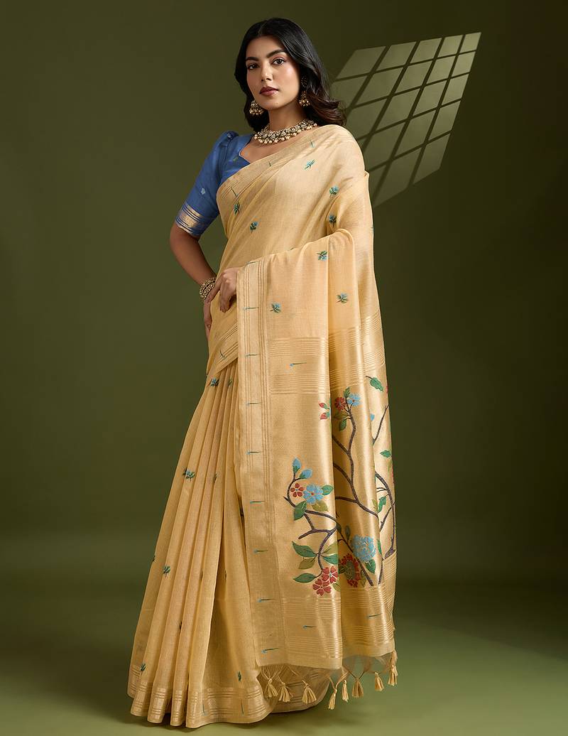 Yellow soft muga cotton paithani zari woven saree with blouse