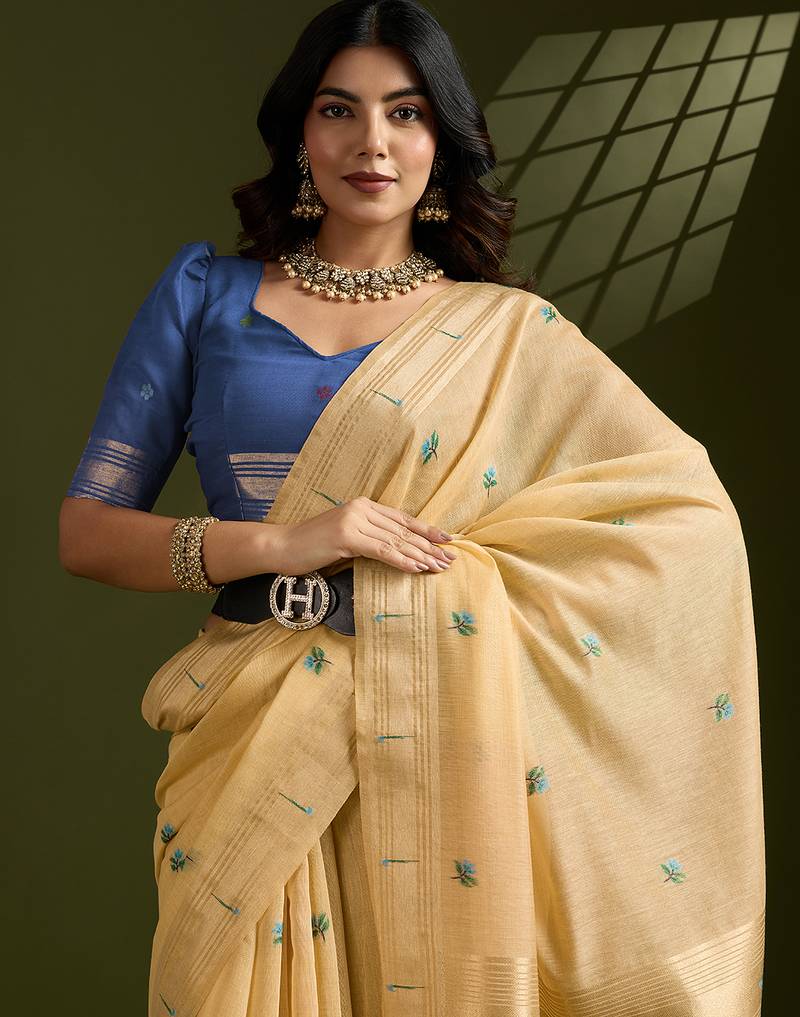 Yellow soft muga cotton paithani zari woven saree with blouse