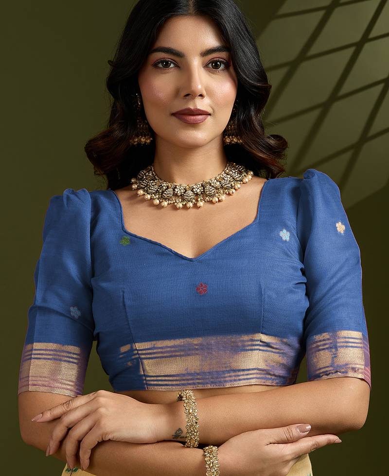 Yellow soft muga cotton paithani zari woven saree with blouse