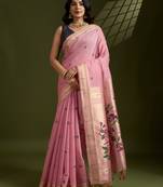 Pink soft muga cotton paithani zari woven saree with blouse