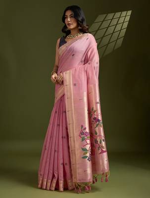 Pink soft muga cotton paithani zari woven saree with blouse 2