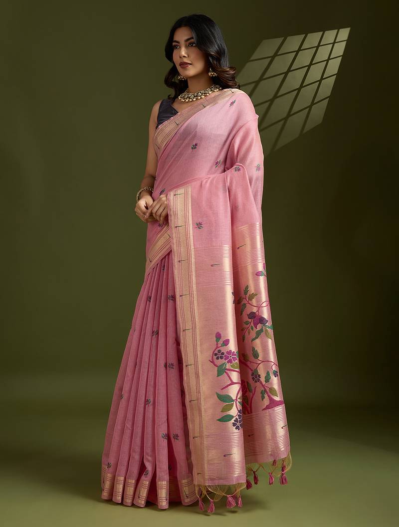 Pink soft muga cotton paithani zari woven saree with blouse
