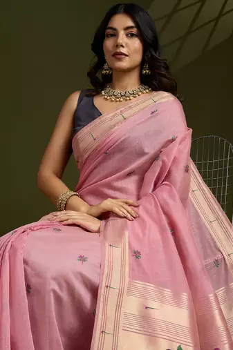 Pink soft muga cotton paithani zari woven saree with blouse