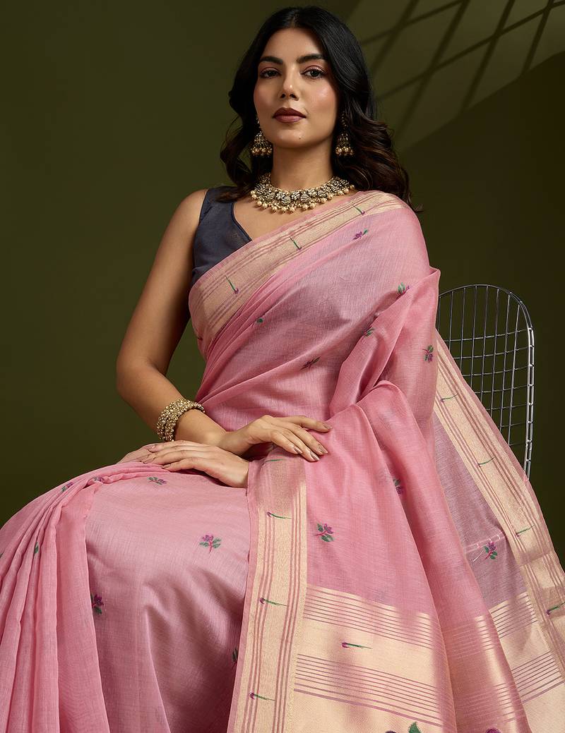 Pink soft muga cotton paithani zari woven saree with blouse