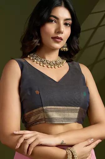 Pink soft muga cotton paithani zari woven saree with blouse
