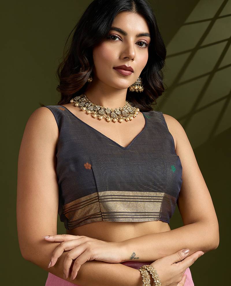 Pink soft muga cotton paithani zari woven saree with blouse