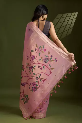 Pink soft muga cotton paithani zari woven saree with blouse