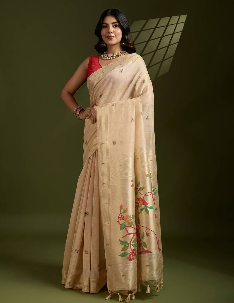 Cream soft muga cotton paithani zari woven saree with blouse