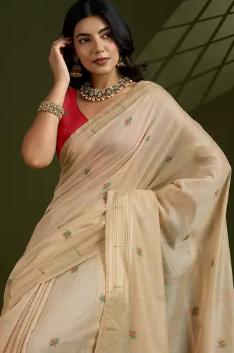 Cream soft muga cotton paithani zari woven saree with blouse