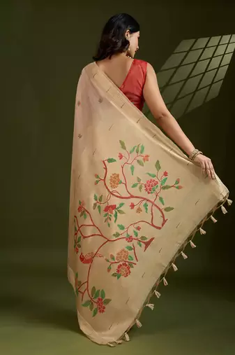Cream soft muga cotton paithani zari woven saree with blouse